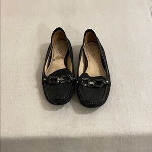 Coach Black Leather & Signature Pattern Loafers with Silver Bit